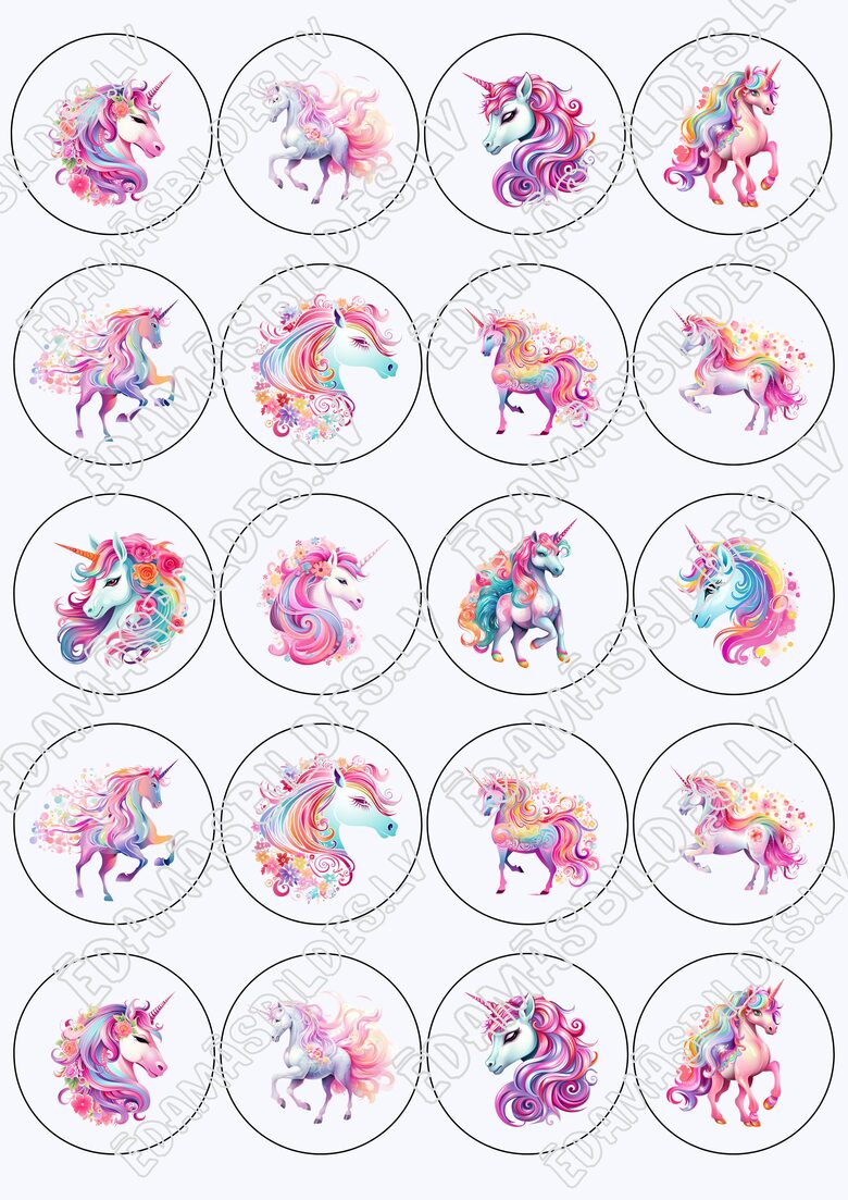 Cukura papīrs ar apdruku "Vienradzis" kapkeiku aplīši 5 cm